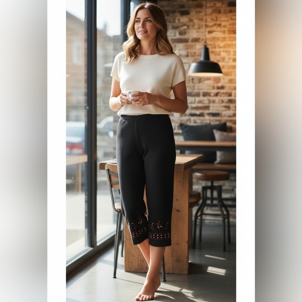 Larry Levine Floral Embrouder Black Crop Pants